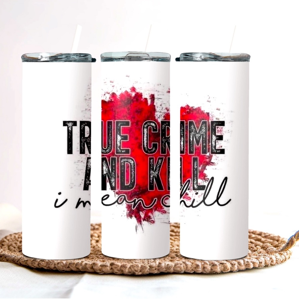 True crime  inspired 20 oz. stainless steel tumbler with lid and straw